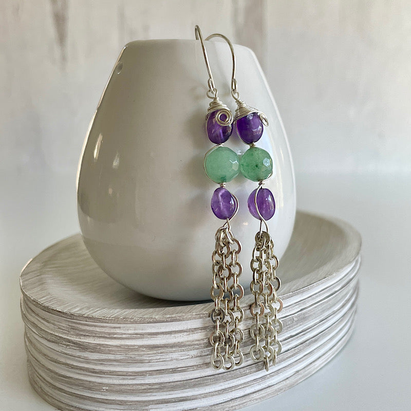 Amethyst + Green Aventurine Silver Wrap Earrings with Silver Chain Tassels