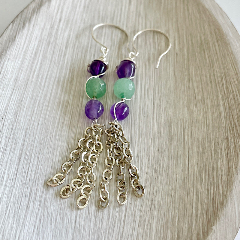 Amethyst + Green Aventurine Silver Wrap Earrings with Silver Chain Tassels