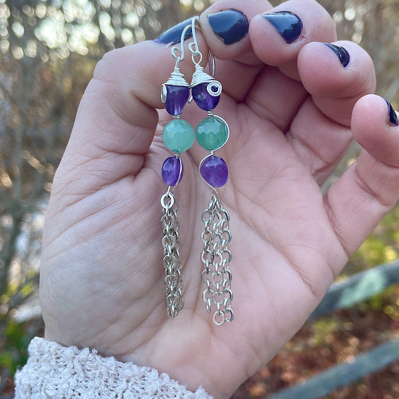 Amethyst + Green Aventurine Silver Wrap Earrings with Silver Chain Tassels