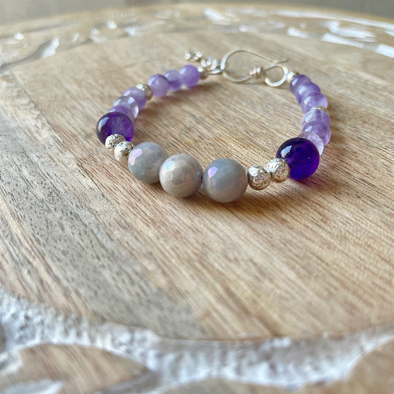 Aura Amethyst + Lava Stone Silver Chain Bracelet