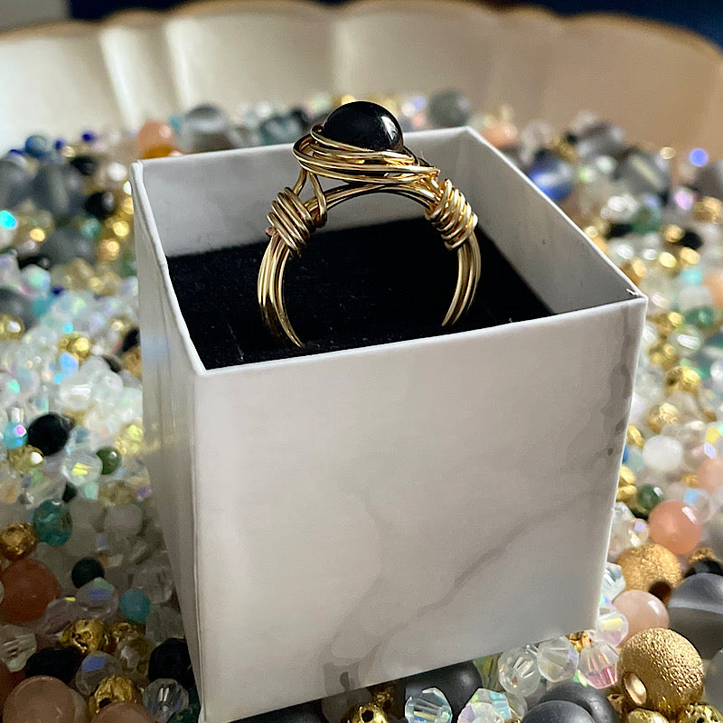 Gold + Black Tourmaline Ring - Size 7.5