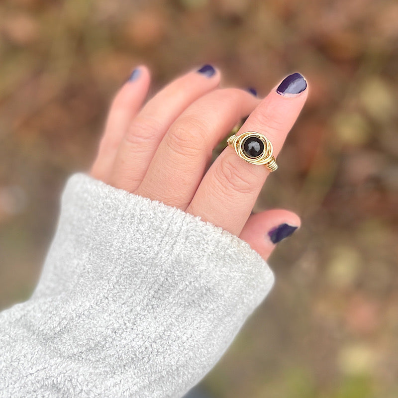 Gold + Black Tourmaline Ring - Size 7.5