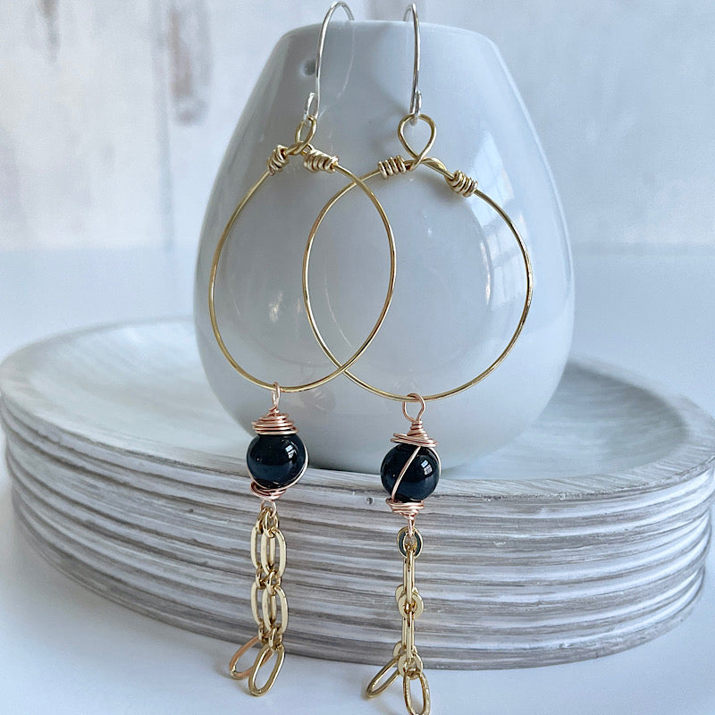 Black Tourmaline + Gold Hoop and Chain Earrings