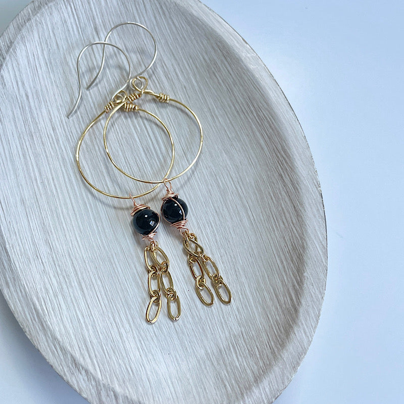 Black Tourmaline + Gold Hoop and Chain Earrings