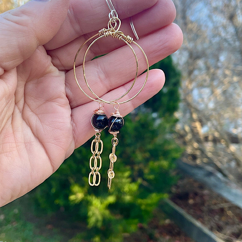 Black Tourmaline + Gold Hoop and Chain Earrings