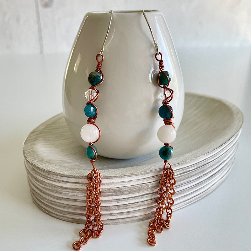 Blue Apatite + Snow Quartz + Clear Quartz Copper Wrap Earrings with Copper Chain Tassels