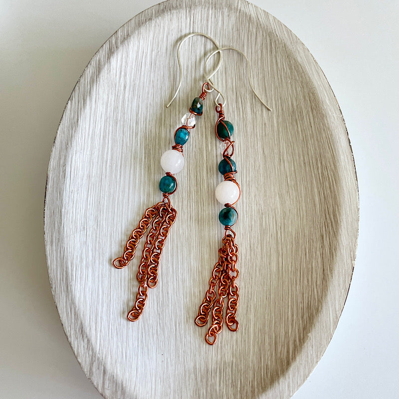 Blue Apatite + Snow Quartz + Clear Quartz Copper Wrap Earrings with Copper Chain Tassels