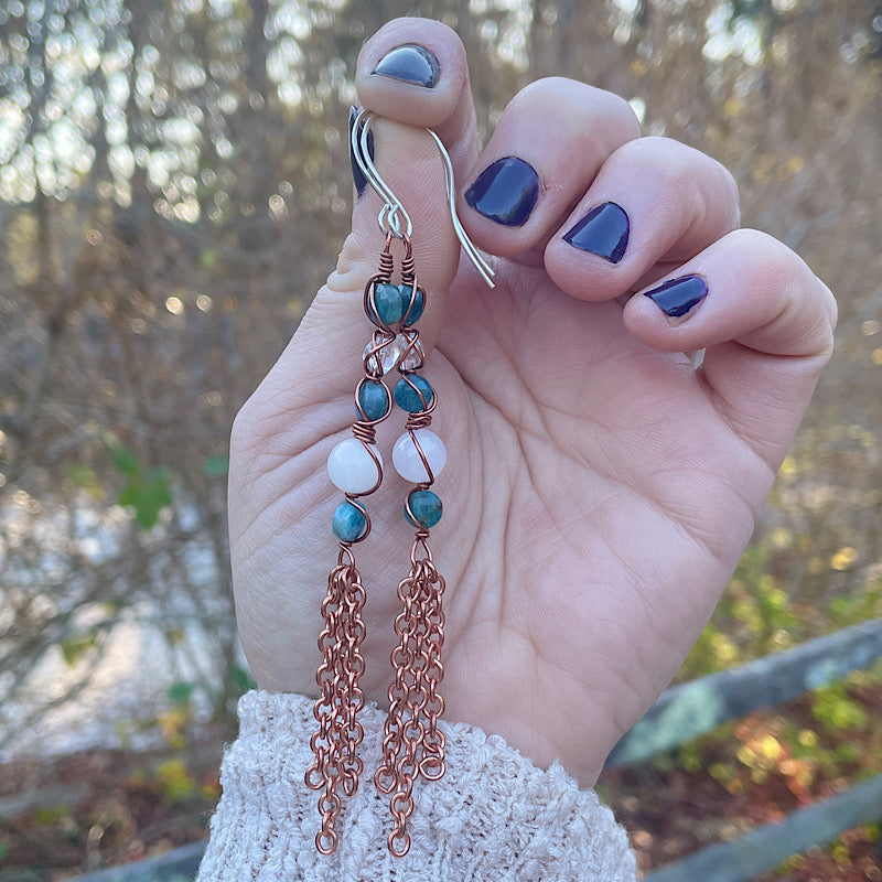 Blue Apatite + Snow Quartz + Clear Quartz Copper Wrap Earrings with Copper Chain Tassels