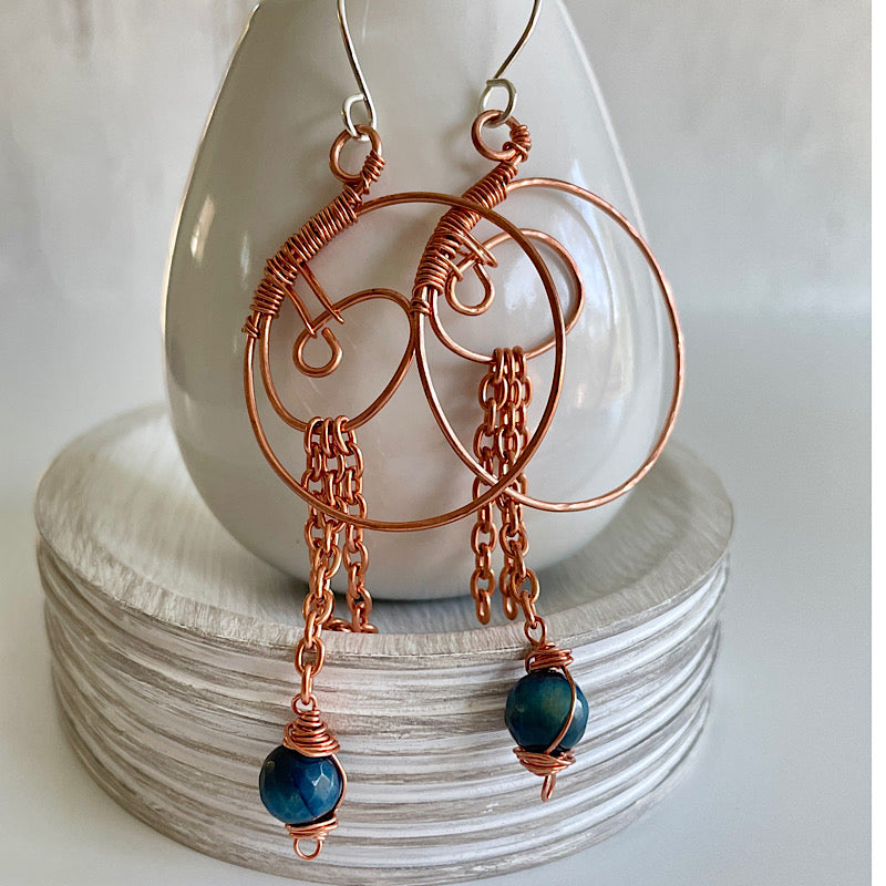 Copper Swirl Hoop + Chain Blue Tigers Eye Earrings