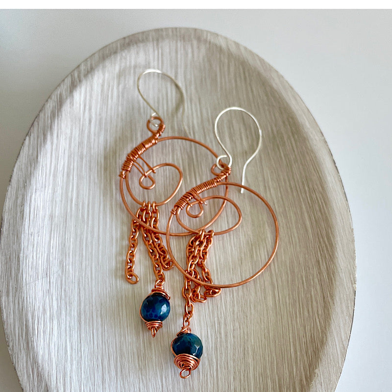 Copper Swirl Hoop + Chain Blue Tigers Eye Earrings