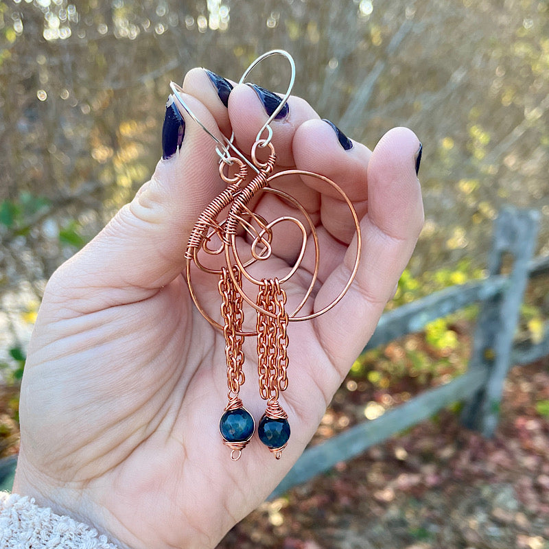 Copper Swirl Hoop + Chain Blue Tigers Eye Earrings