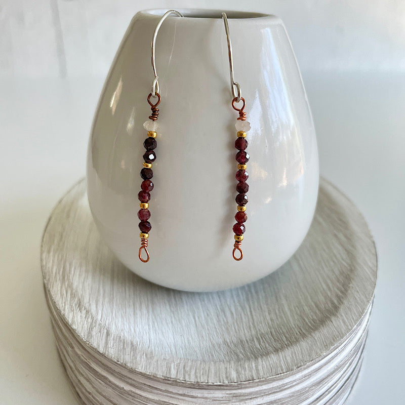 Small Faceted Garnet + Tourmaline Copper Earrings