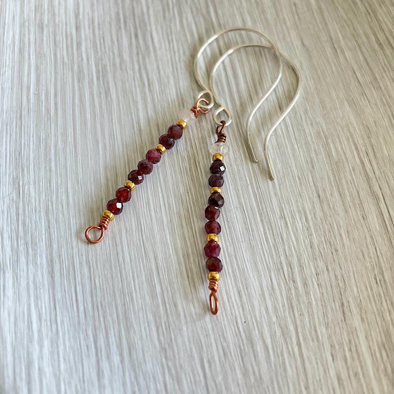 Small Faceted Garnet + Tourmaline Copper Earrings