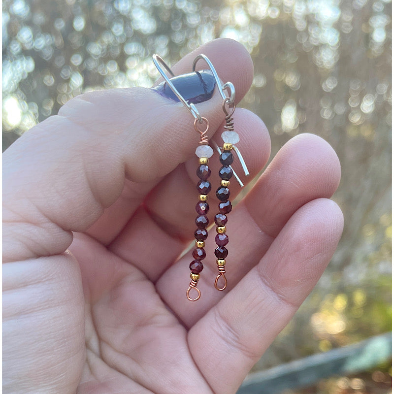 Small Faceted Garnet + Tourmaline Copper Earrings