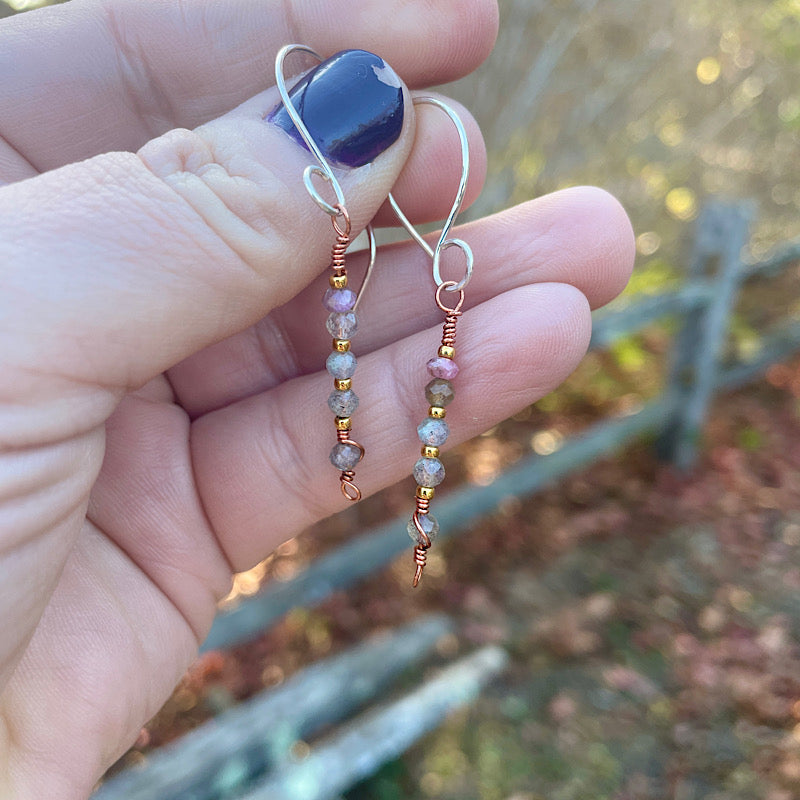 Small Faceted Labradorite + Tourmaline Copper Earrings