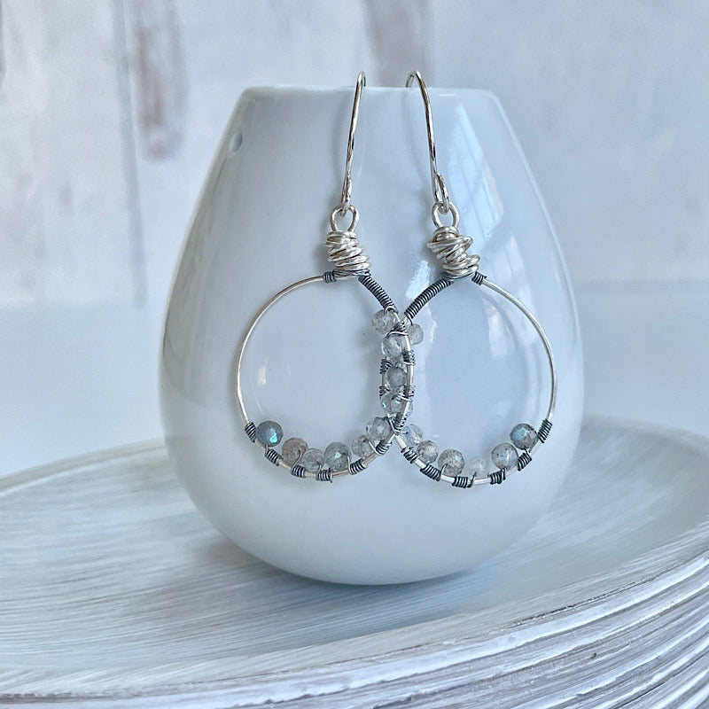 “Northern Lights” Faceted Labradorite + Silver Hoop Earrings