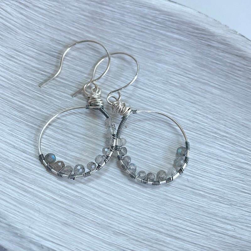 “Northern Lights” Faceted Labradorite + Silver Hoop Earrings