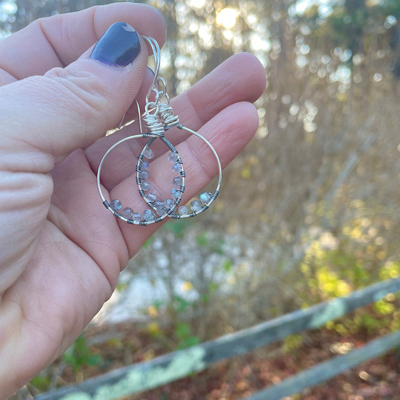 “Northern Lights” Faceted Labradorite + Silver Hoop Earrings