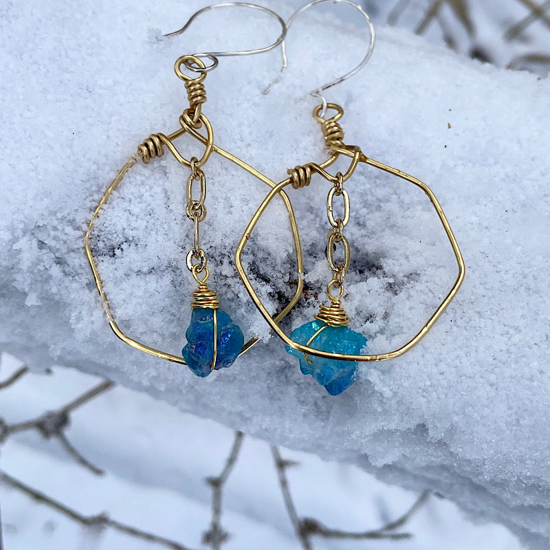 Gold Geometric Aqua Aura Earrings