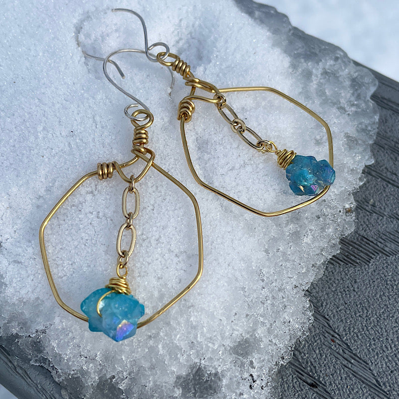 Gold Geometric Aqua Aura Earrings