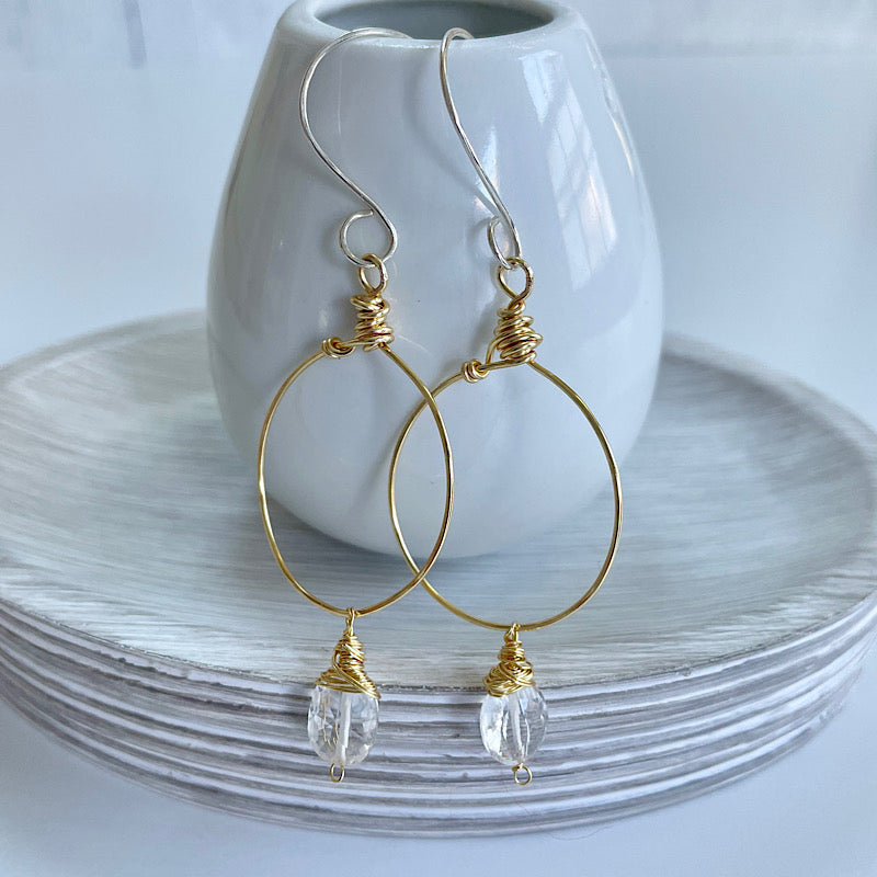 Gold Hoops + Oval Quartz Earrings