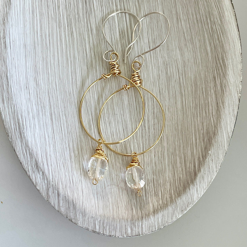 Gold Hoops + Oval Quartz Earrings