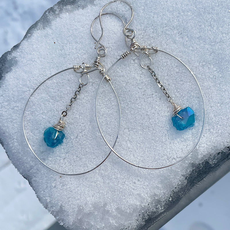 Large Silver Aqua Aura Hoop Earrings