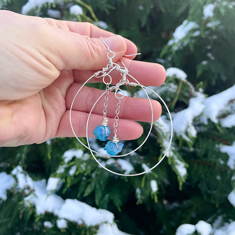 Large Silver Aqua Aura Hoop Earrings