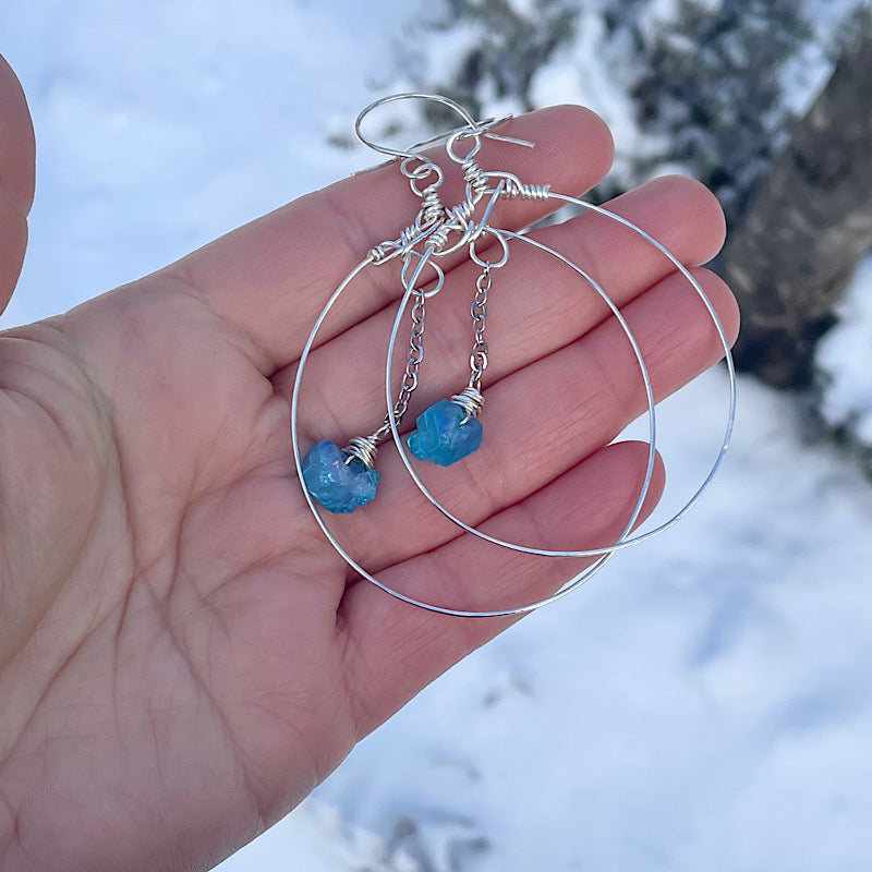 Large Silver Aqua Aura Hoop Earrings