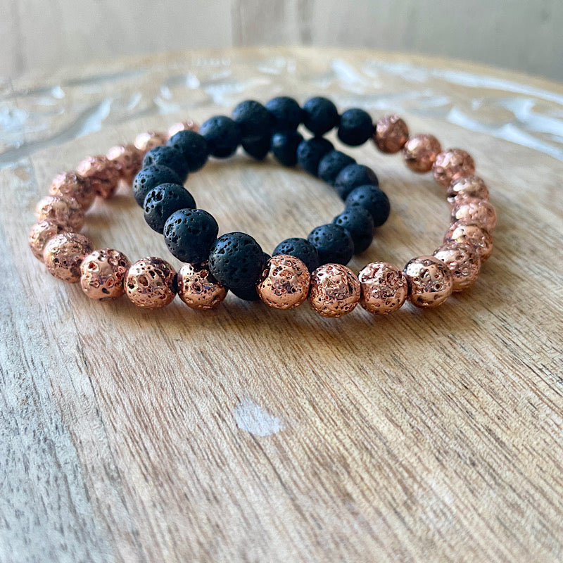 Black + Rose Gold Lava Stretchy Bracelet