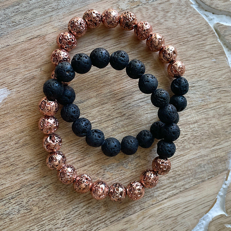 Black + Rose Gold Lava Stretchy Bracelet