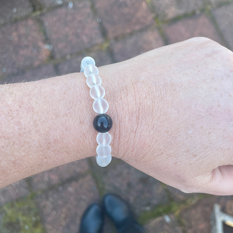 Quartz + Rainbow Obsidian Black + White Stretchy Bracelet