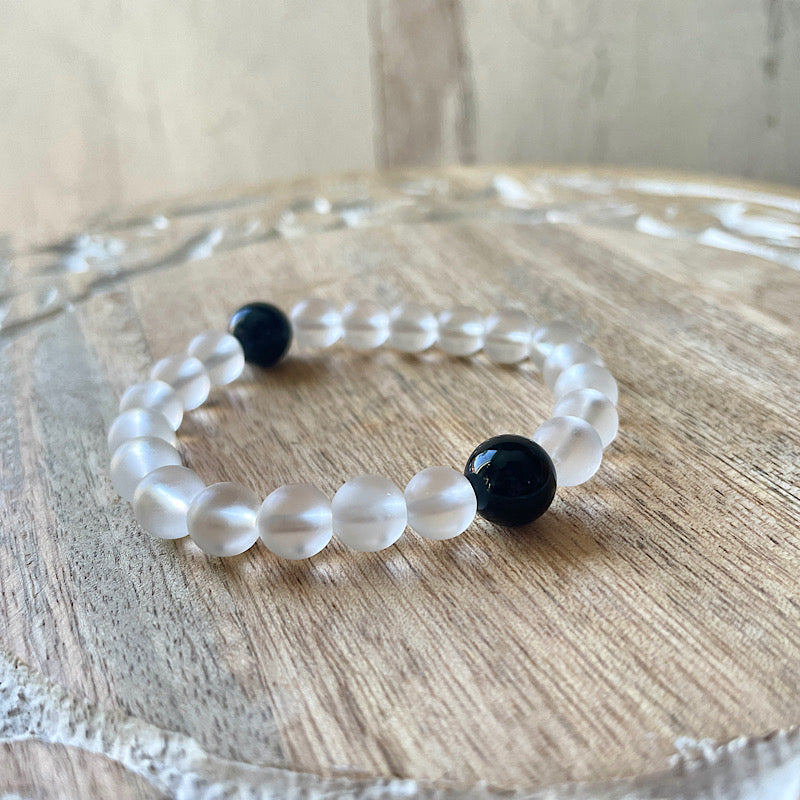 Quartz + Rainbow Obsidian Black + White Stretchy Bracelet