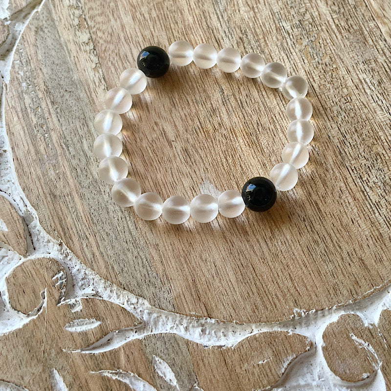 Quartz + Rainbow Obsidian Black + White Stretchy Bracelet