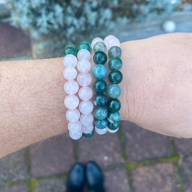 Rose Quartz + Moss Agate Bracelets