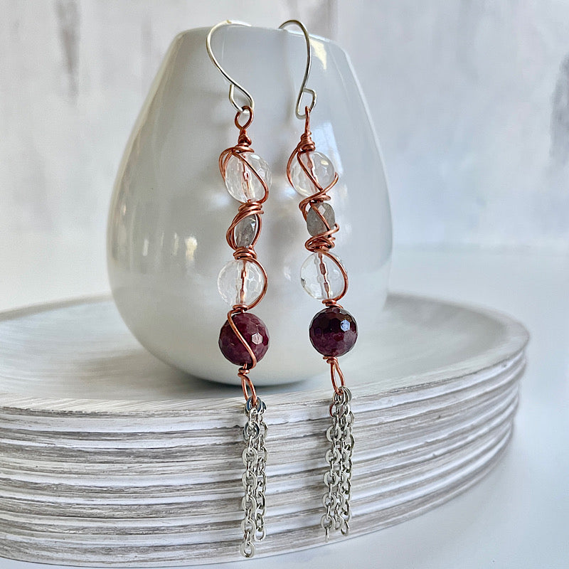 Garnet + Clear Quartz + Labradorite Copper Wrap Earrings with Silver Chain Tassels