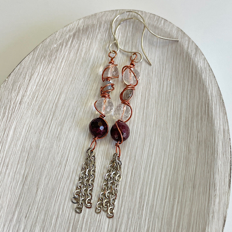 Garnet + Clear Quartz + Labradorite Copper Wrap Earrings with Silver Chain Tassels