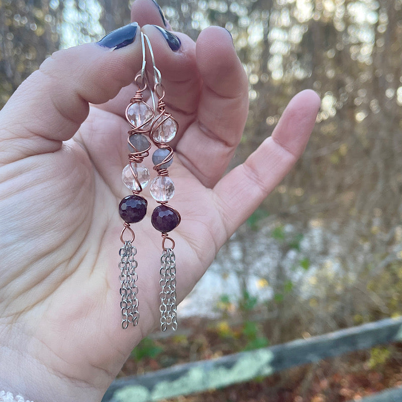 Garnet + Clear Quartz + Labradorite Copper Wrap Earrings with Silver Chain Tassels