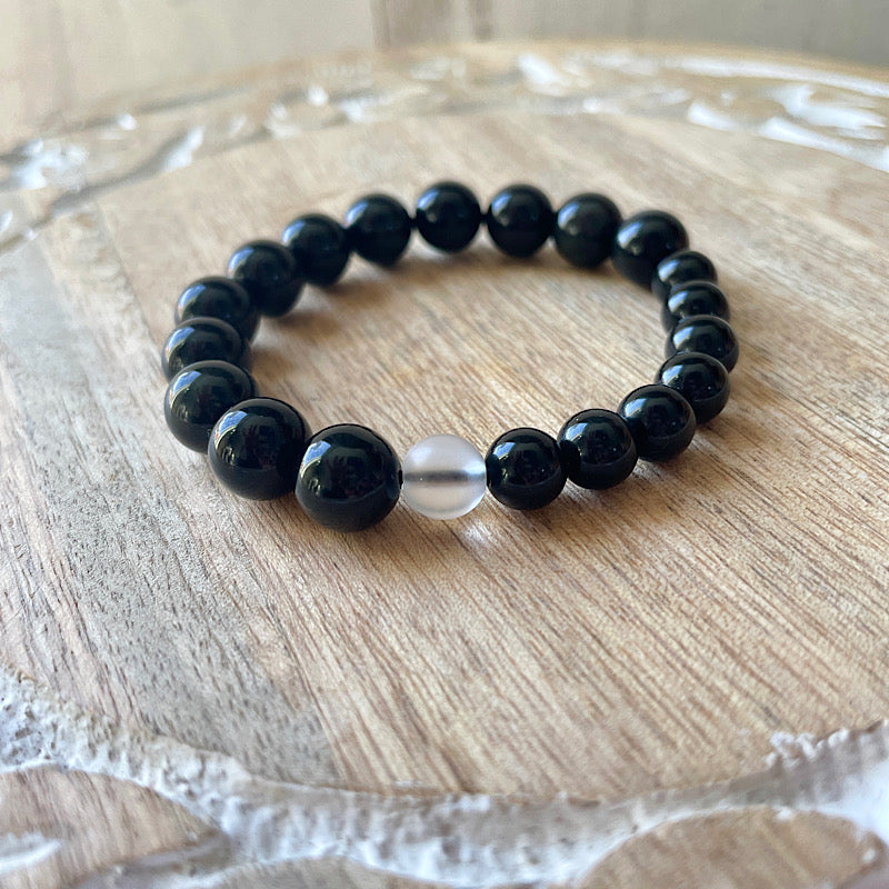 Quartz + Rainbow Obsidian Black + White Stretchy Bracelet