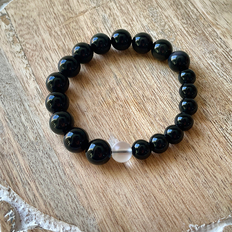 Quartz + Rainbow Obsidian Black + White Stretchy Bracelet