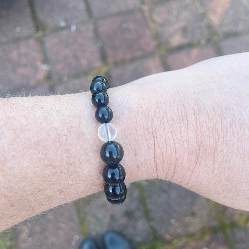 Quartz + Rainbow Obsidian Black + White Stretchy Bracelet