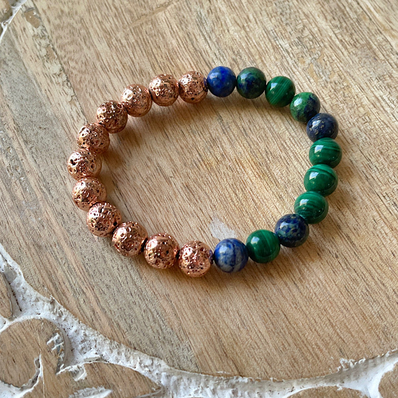 Azurite-Malachite + Rose Gold Lava Stretchy Bracelet