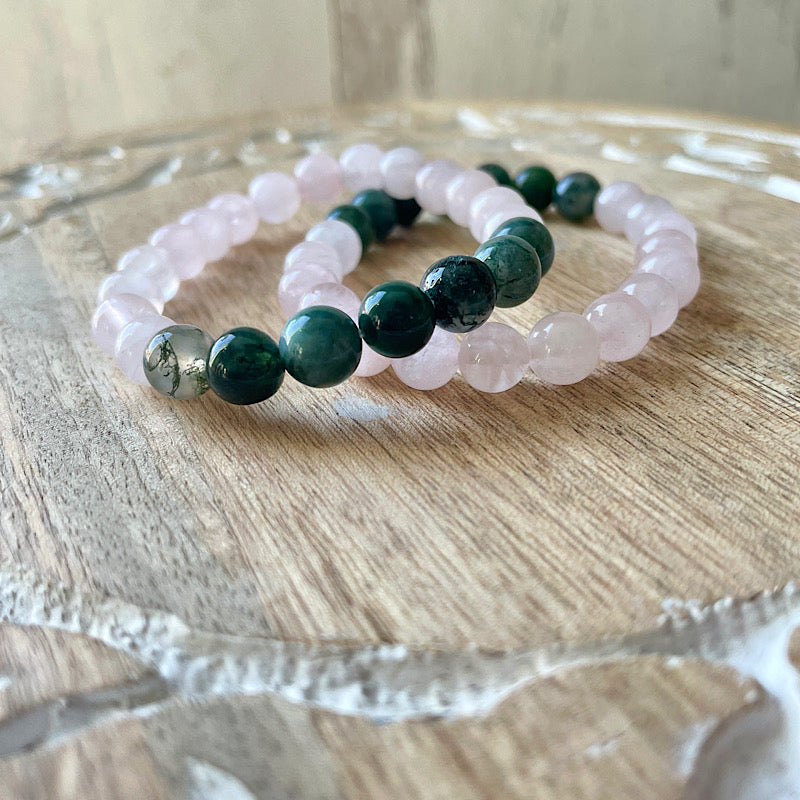 Rose Quartz + Moss Agate Bracelets