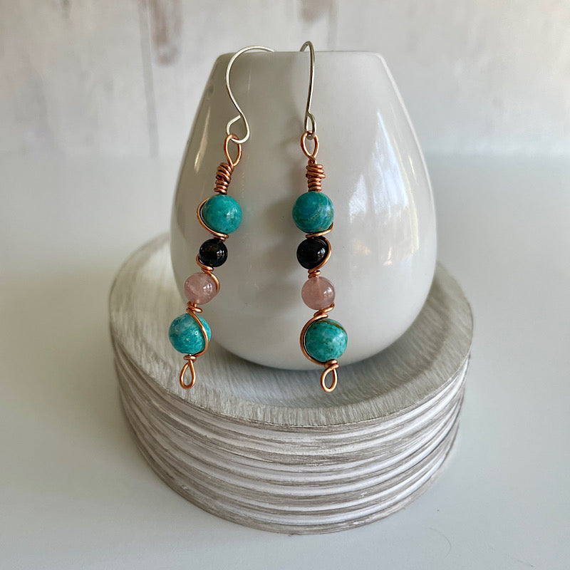 Blue Jasper + Rose Quartz + Tourmaline Copper Wire Wrap Earrings