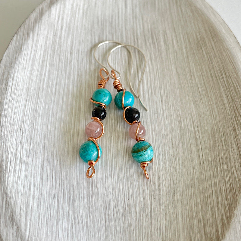 Blue Jasper + Rose Quartz + Tourmaline Copper Wire Wrap Earrings