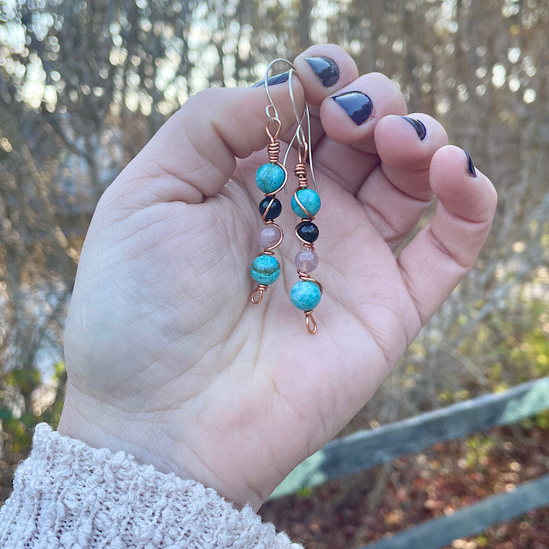 Blue Jasper + Rose Quartz + Tourmaline Copper Wire Wrap Earrings