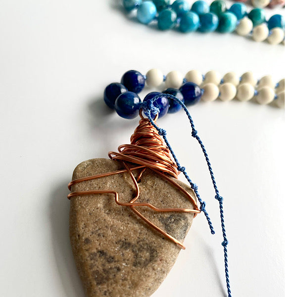 long earthy blue and white beaded, copper wire wrapped sea stone pendant necklace