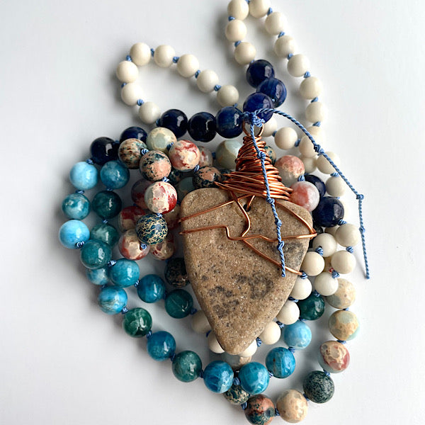 long earthy blue and white beaded, copper wire wrapped sea stone pendant necklace