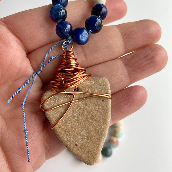 long earthy blue and white beaded, copper wire wrapped sea stone pendant necklace