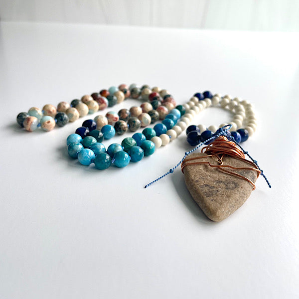 long earthy blue and white beaded, copper wire wrapped sea stone pendant necklace